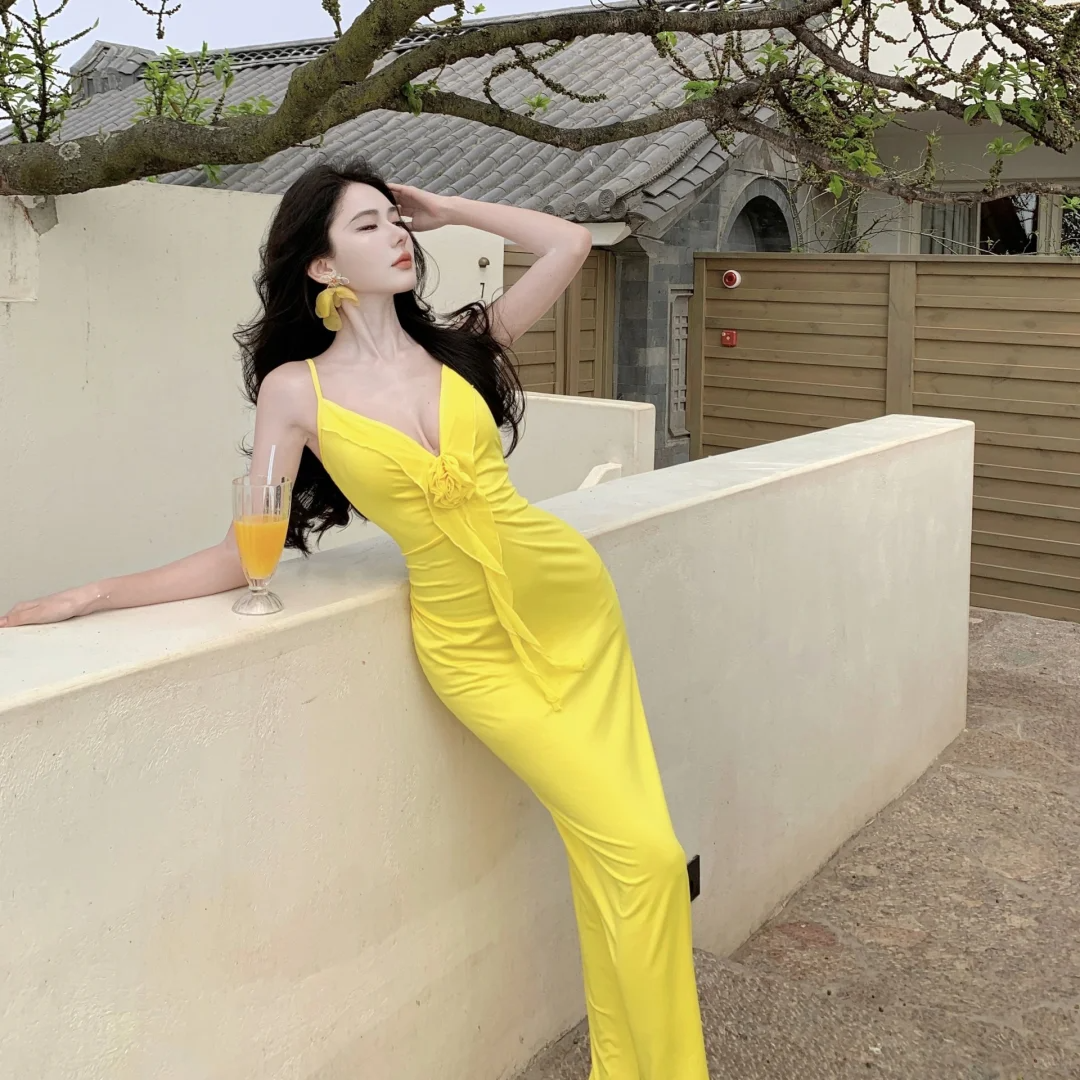 Yellow Mermaid Spaghetti Straps Satin Long Prom Dresses Formal Dress C4655