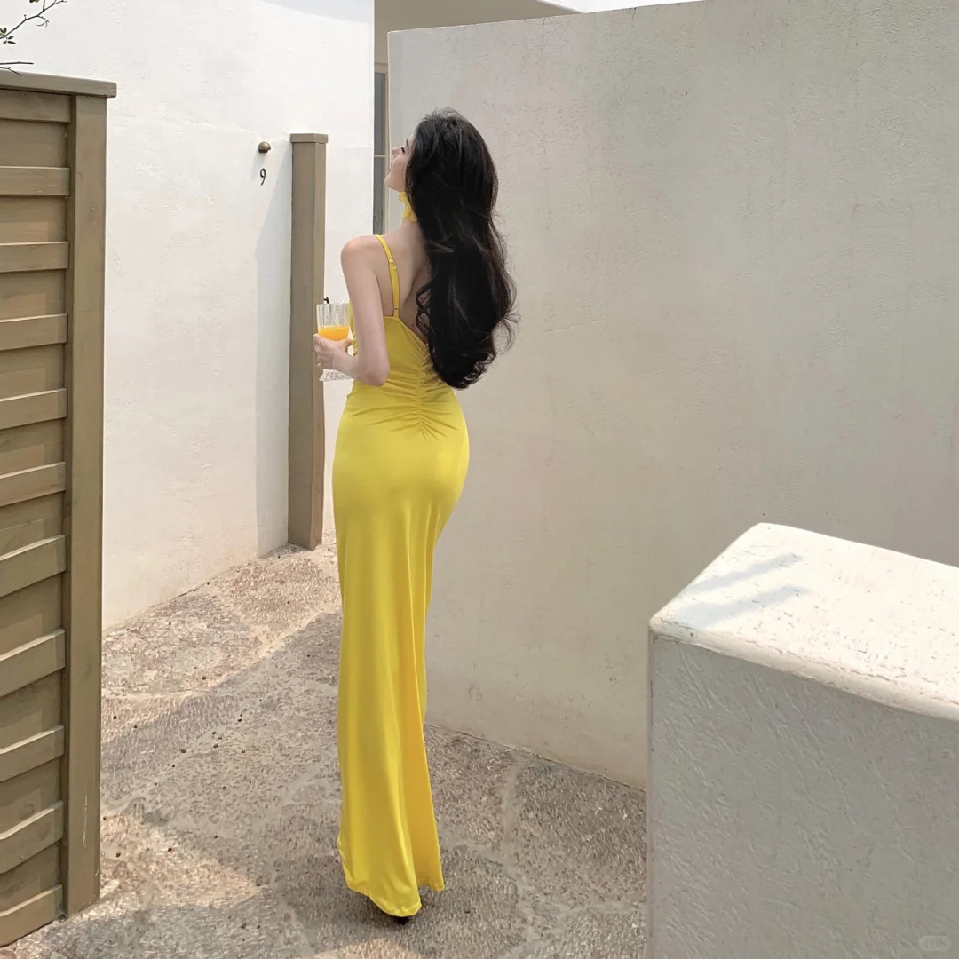 Yellow Mermaid Spaghetti Straps Satin Long Prom Dresses Formal Dress C4655