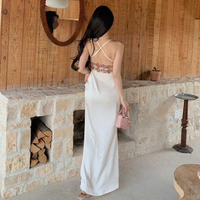 Charming Mermaid Spaghetti Straps Satin Flower Lace Long Prom Dresses Formal Dress C4656