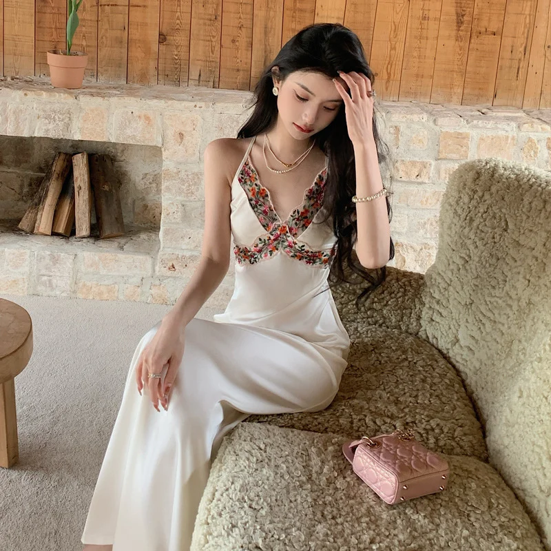 Charming Mermaid Spaghetti Straps Satin Flower Lace Long Prom Dresses Formal Dress C4656