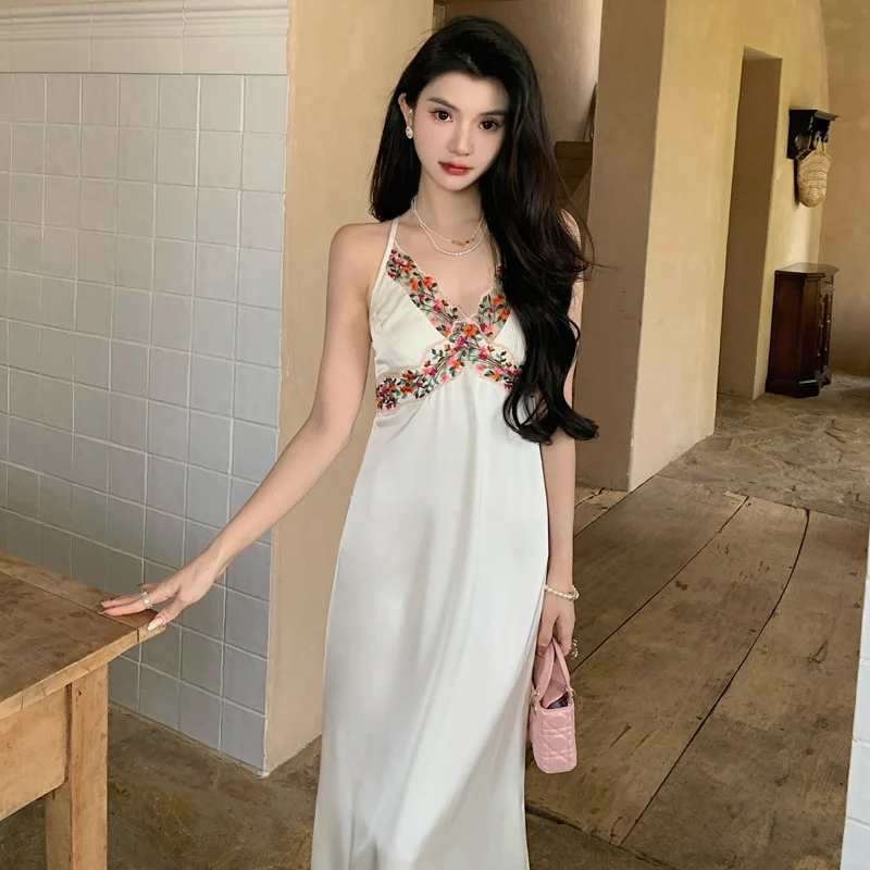 Charming Mermaid Spaghetti Straps Satin Flower Lace Long Prom Dresses Formal Dress C4656