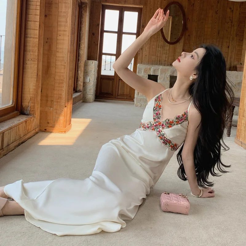 Charming Mermaid Spaghetti Straps Satin Flower Lace Long Prom Dresses Formal Dress C4656