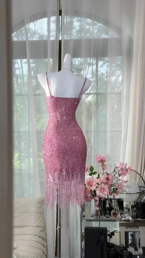 Sparkly Pink Mermaid Spaghetti Straps Sequin Tassel Short Homecoming Dress 19th Birthday Outfits C4710