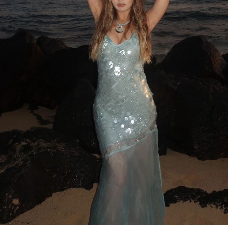Gorgeous Mermaid Spaghetti Straps Chiffon Sequin Long Prom Dresses Formal Dress C4730
