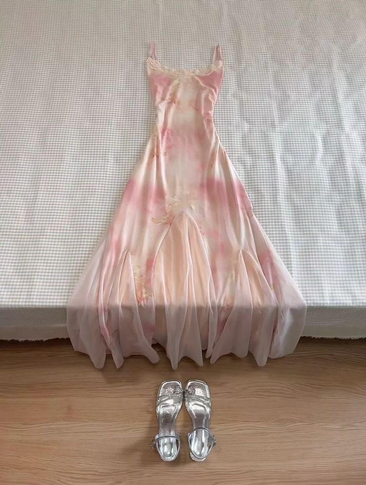 Sweet A Line Spaghetti Straps Chiffon Printed Long Prom Dresses Formal Dress C4733