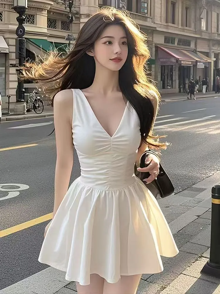 Cute A Line V Neck White Satin Pleated Short Homecoming Dress 19th Birthday Outfits C4738