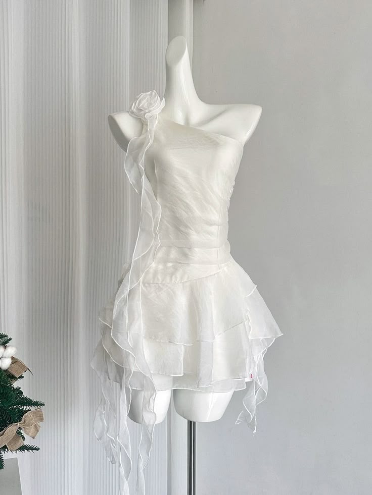White A Line One Shoulder Chiffon Ruffles Short Homecoming Dress 16th Birthday Outfits C4745