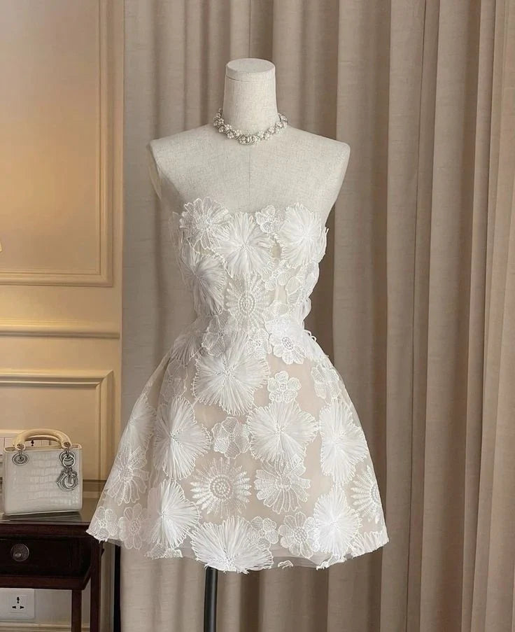 Cute A Line Strapless Satin Lace Short Homecoming Dress 18th Birthday Outfits C4754