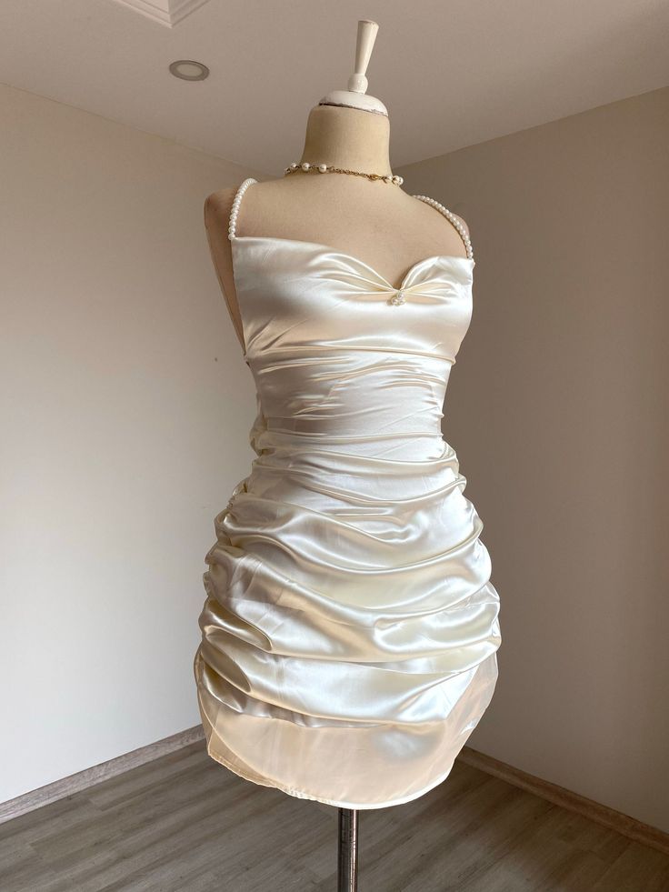 Mermaid Spaghetti Straps Satin Beads Pleated Short Homecoming Dress 19th Birthday Outfits C4756