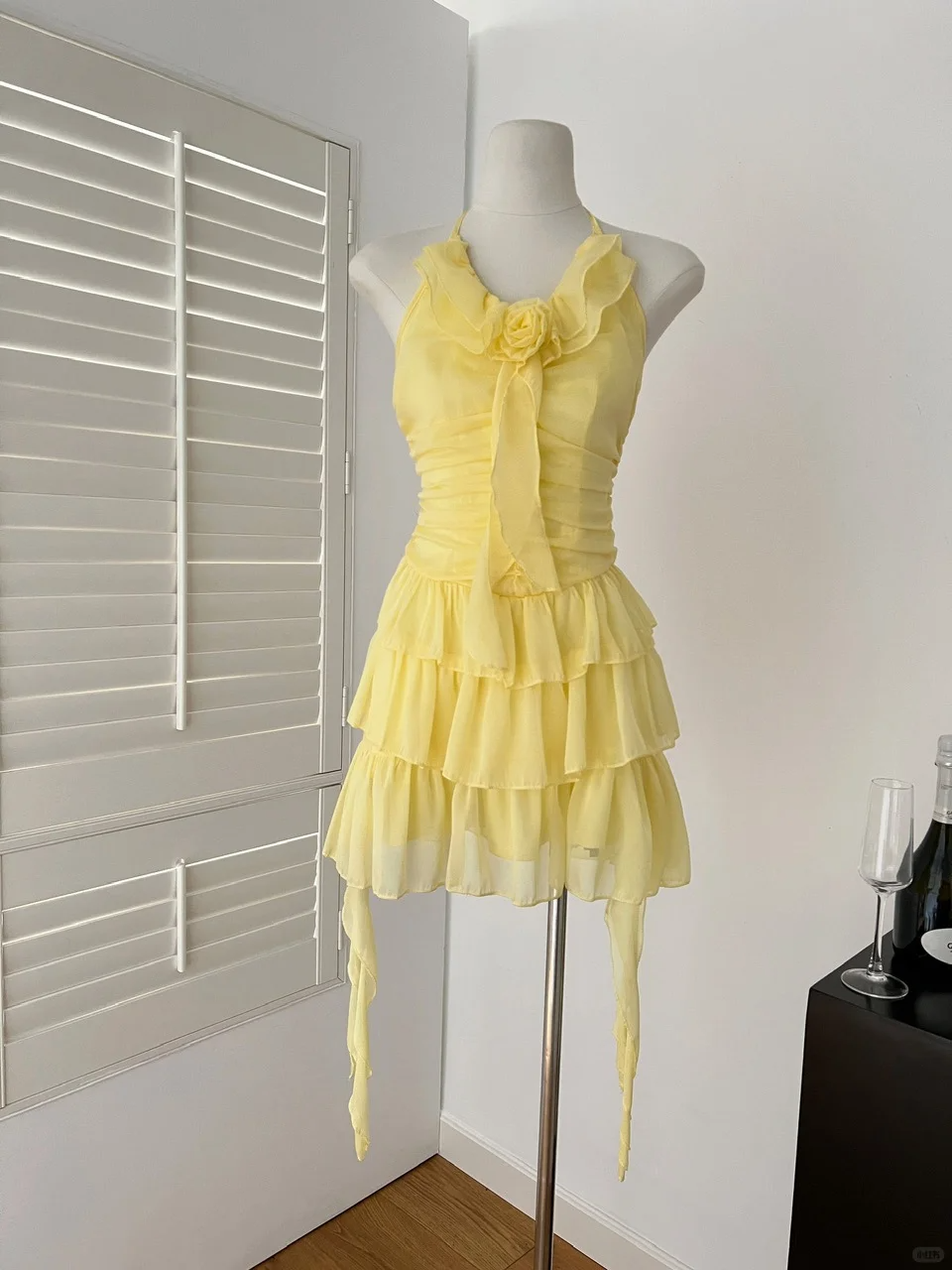 Yellow A Line Halter Chiffon Tiered Short Homecoming Dress 19th Birthday Outfits C4760