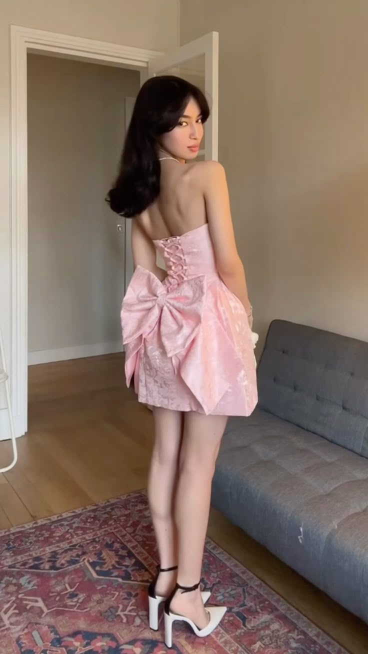 Chic Pink A Line Strapless Satin Back With Bow Short Homecoming Dress 19th Birthday Outfits C4808