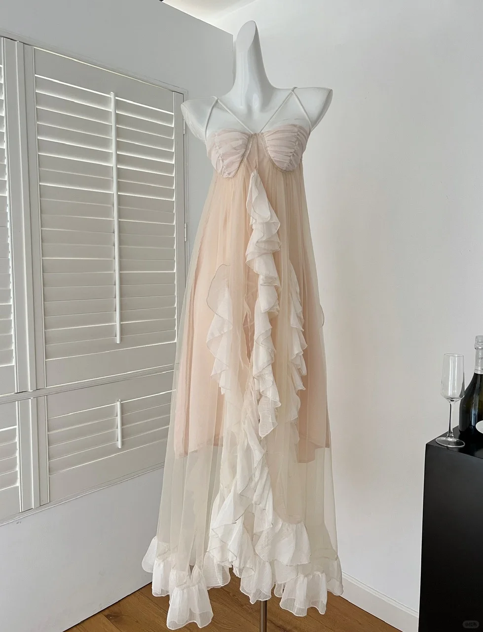 Princess A Line Spaghetti Straps Chiffon Tulle Ruffles Long Prom Dresses Formal Dress C4838