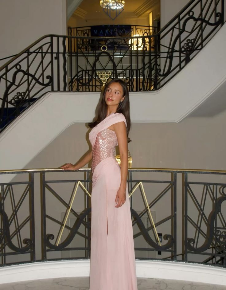 Unique Pink Mermaid One Shoulder Chiffon Sequin Slit Long Prom Dresses Formal Dress C4840