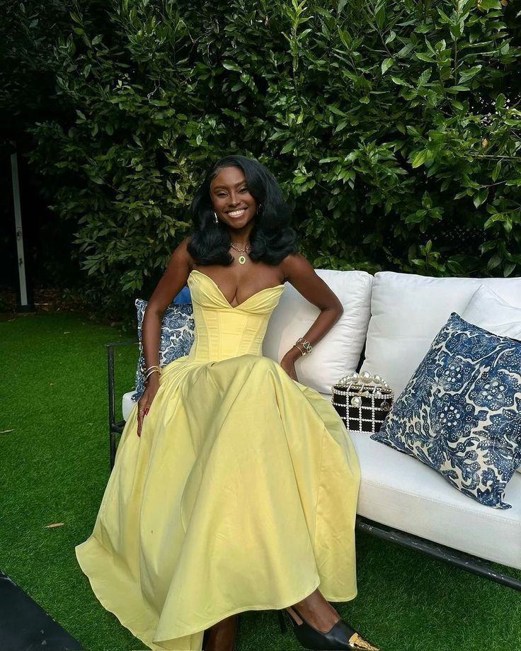 Classy A Line Strapless Yellow Satin Long Prom Dresses Formal Dress C4845