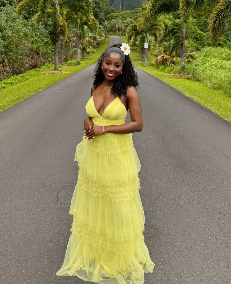 Yellow A Line Spaghetti Straps Tulle Long Prom Dresses Formal Dress C4957