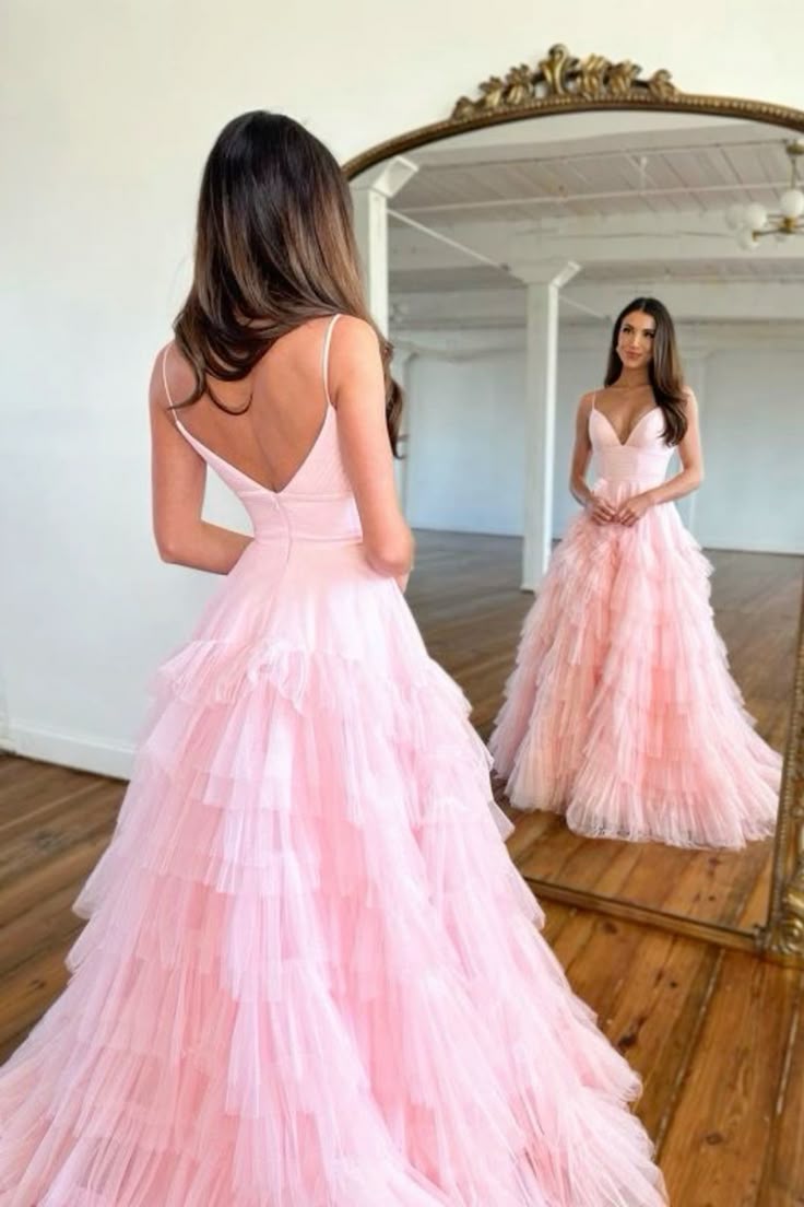 Pink A Line Spaghetti Straps Satin Tulle Long Prom Dresses Formal Dress C4970