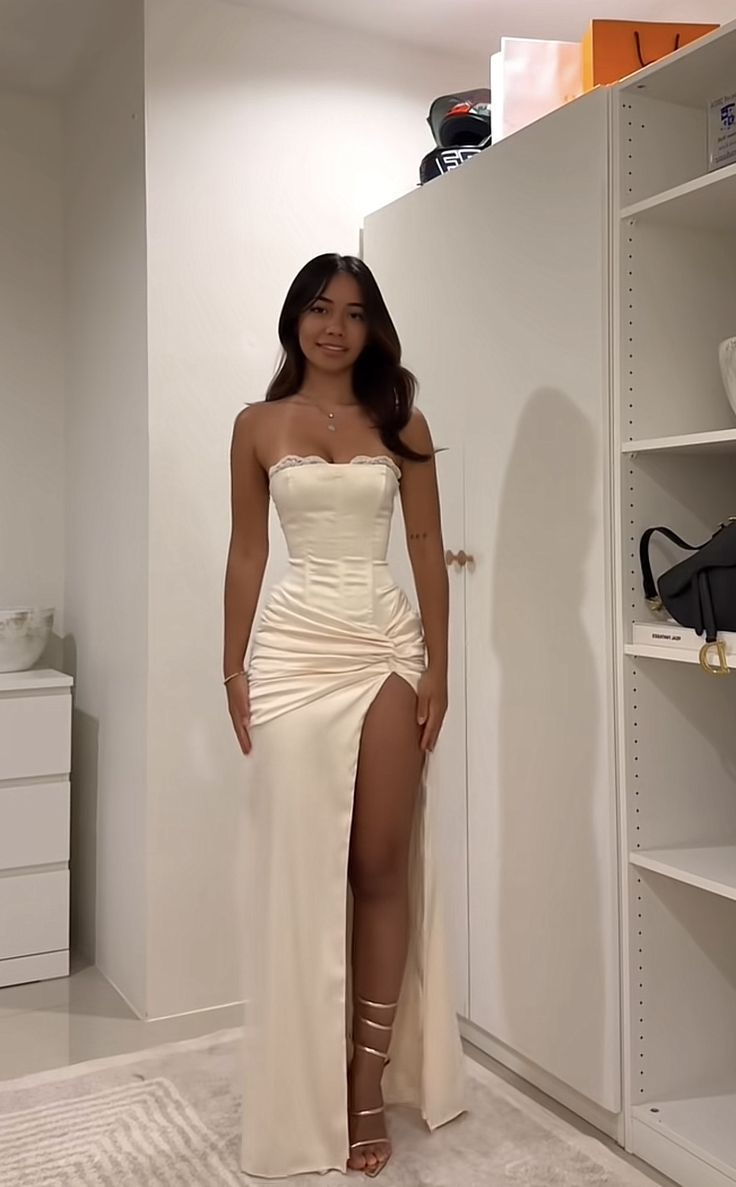 Classy Mermaid Strapless Satin Pleated Slit Long Prom Dresses Formal Dress C4973