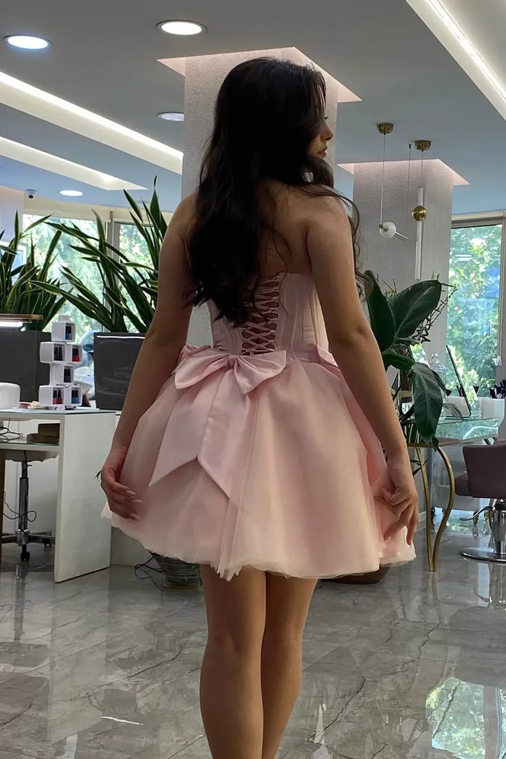 Pink Ball Gown Strapless Satin Tulle Bow Short Homecoming Dress 16th Birthday Outfits C4990