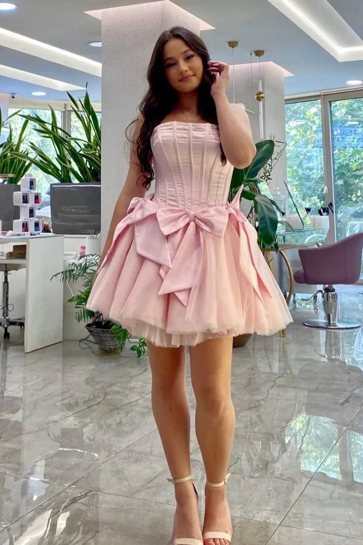 Pink Ball Gown Strapless Satin Tulle Bow Short Homecoming Dress 16th Birthday Outfits C4990