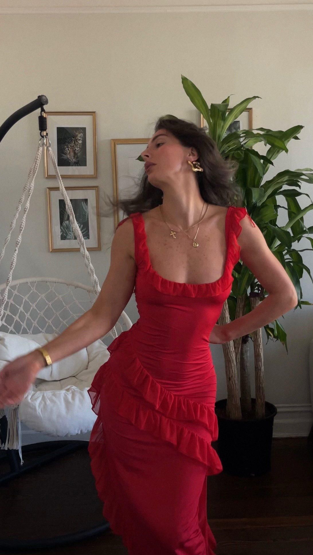 Pretty Mermaid U Neck Red Chiffon Ruffles Slit Long Prom Dresses Formal Dress C5012