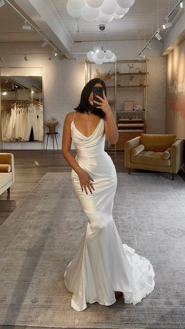 White Mermaid Spaghetti Straps Satin Long Prom Dresses Formal Dress C5014