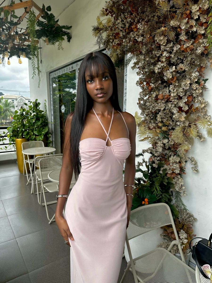 Pink Mermaid Halter Satin Long Prom Dresses Formal Dress C5018