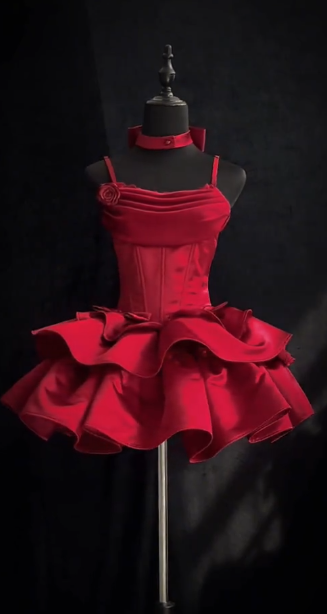 Red Ball Gown Spaghetti Straps Satin Tiered Short Homecoming Dress 17th Birthday Outfits C5051