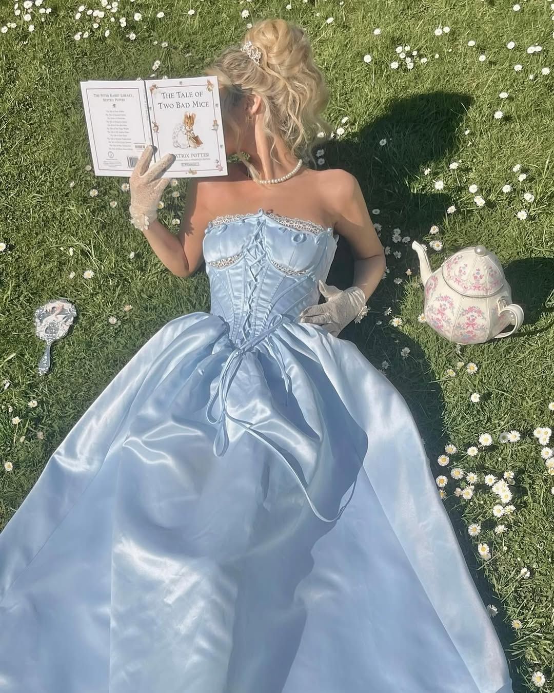 Princess A Line Strapless Pale Blue Satin Lace Long Prom Dresses Formal Dress C5081