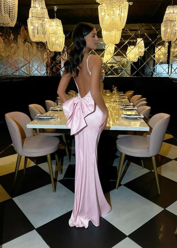 Special Mermaid Spaghetti Straps Pink Satin Backless With Bow Long Prom Dresses Formal Dress C5086