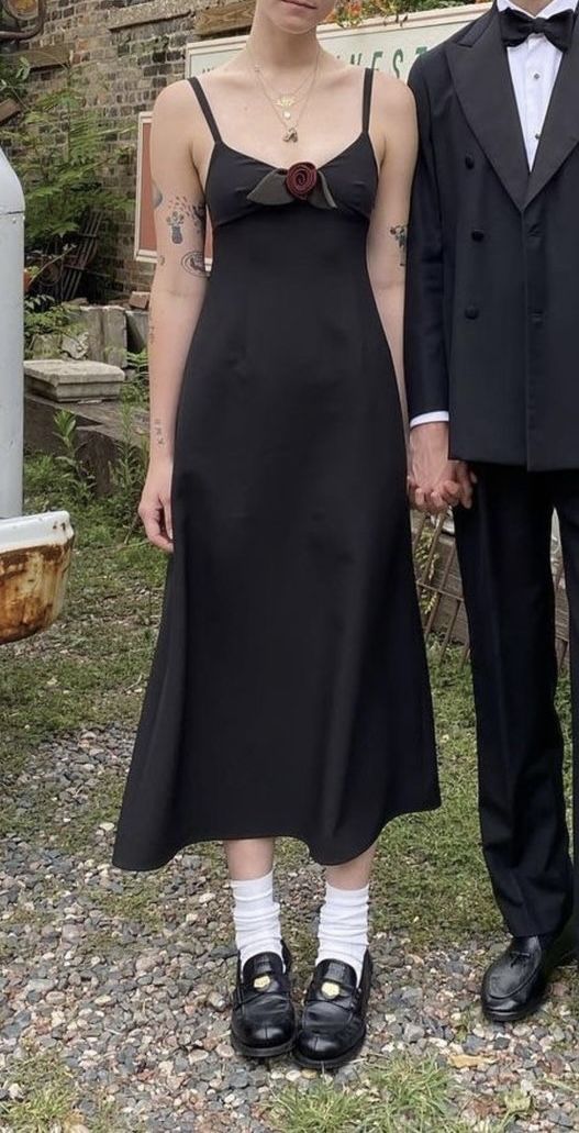 Chic A Line Spaghetti Straps Black Satin With Flower Long Prom Dresses Formal Dress C5087