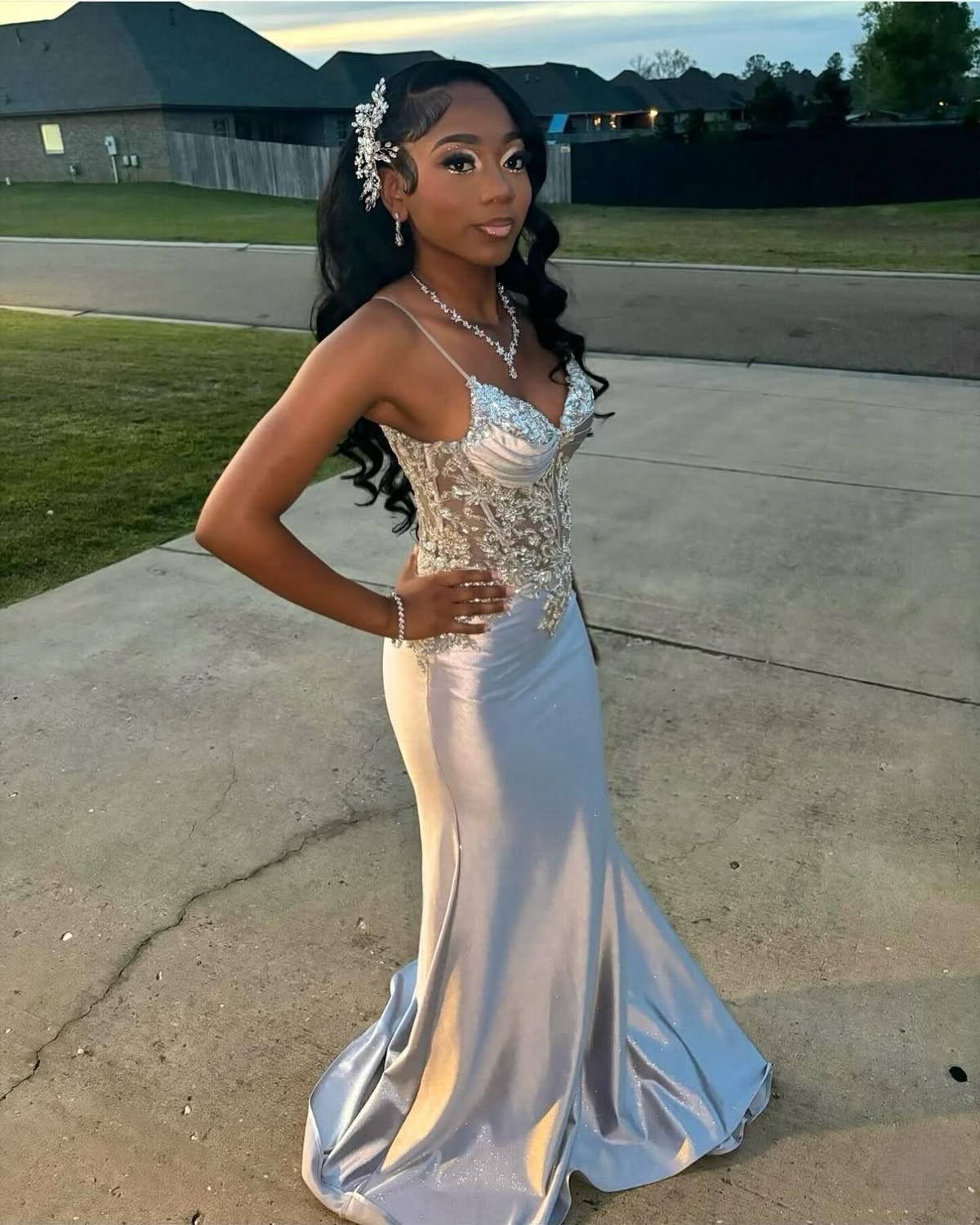 Shiny Mermaid Spaghetti Straps Satin Lace Sequin Long Prom Dresses Formal Dress C5094