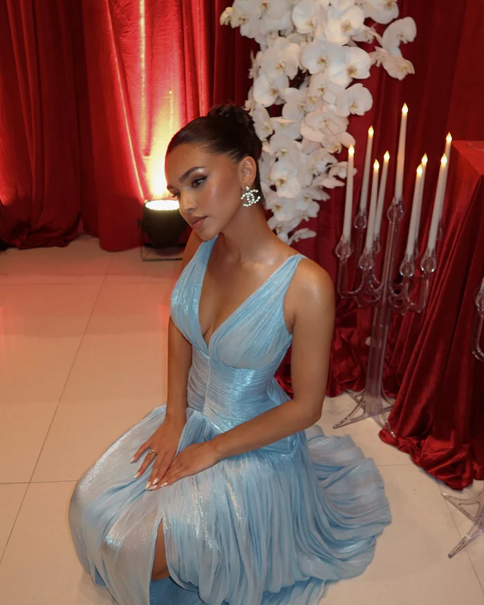 Sexy A Line V Neck Satin Slit Long Prom Dresses Formal Dress C5102