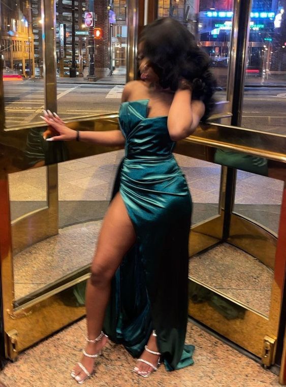 Chic Mermaid Strapless Teal Satin Pleated Slit Long Prom Dresses Formal Dress C5132