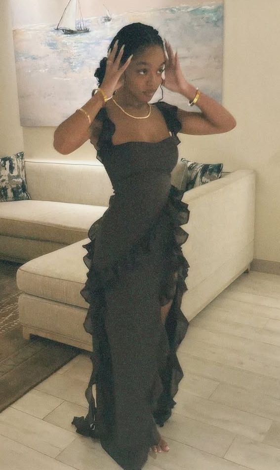 Unique Mermaid Spaghetti Straps Black Satin Ruffles Chiffon Long Prom Dresses Formal Dress C5133