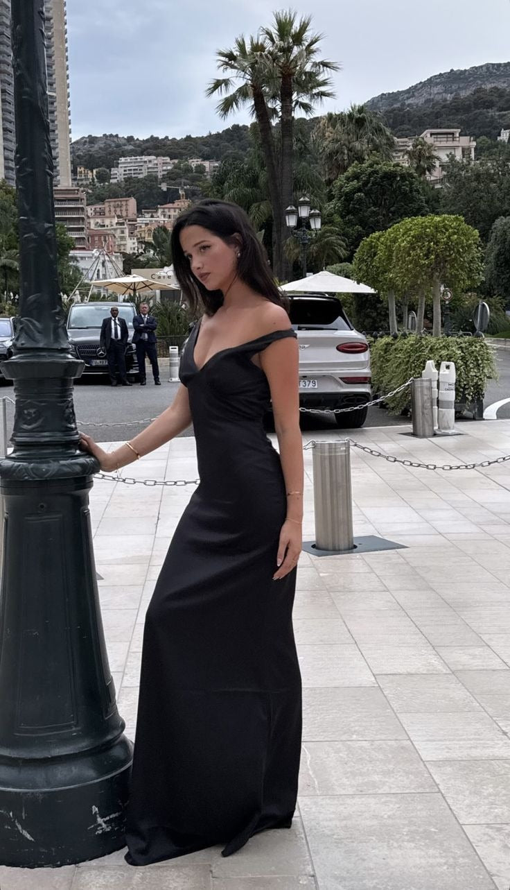 Elegant Mermaid Off The Shoulder Black Satin Long Prom Dresses Formal Dress C5163