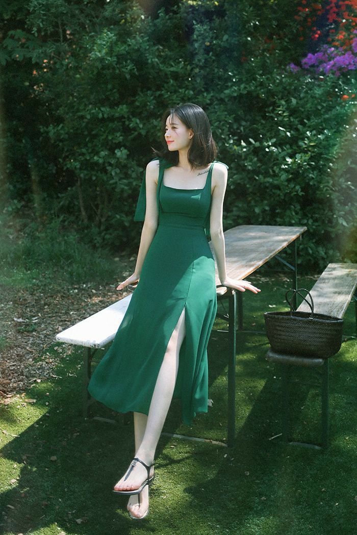 Square A Line Green Satin Slit Long Prom Dresses Formal Dress C5167