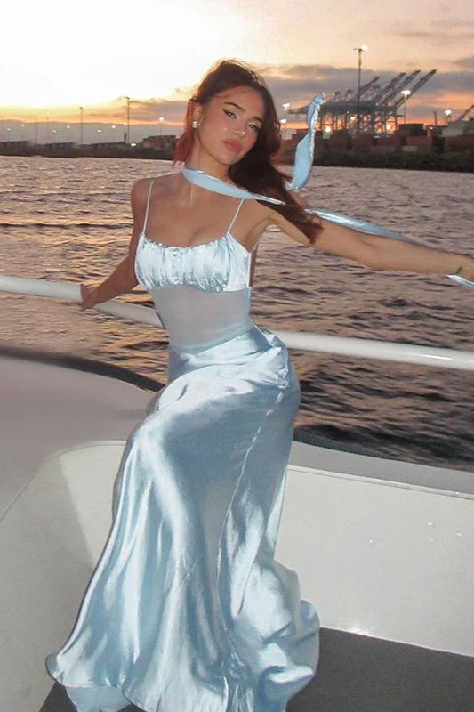 Pretty Mermaid Spaghetti Straps Satin Waist With Sheer Tulle Long Prom Dresses Formal Dress C5214