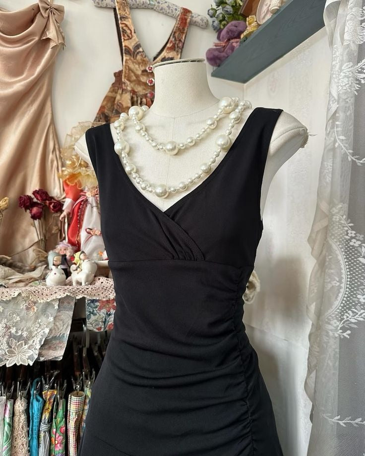 Modest A Line V Neck Black Satin Long Prom Dresses Formal Dress C5266