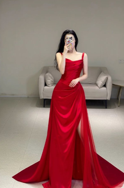 Modest Red A Line Spaghetti Straps Satin Slit Long Prom Dresses Formal Dress C5277