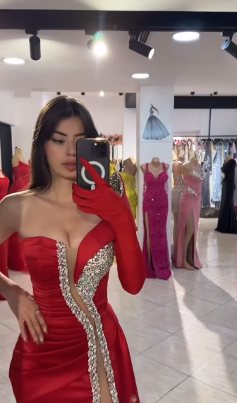 Sexy Red Mermaid One Shoulder With One Long Sleeve Satin Beads Slit Long Prom Dresses Formal Dress C5279