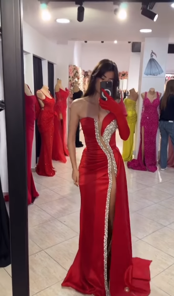 Sexy Red Mermaid One Shoulder With One Long Sleeve Satin Beads Slit Long Prom Dresses Formal Dress C5279