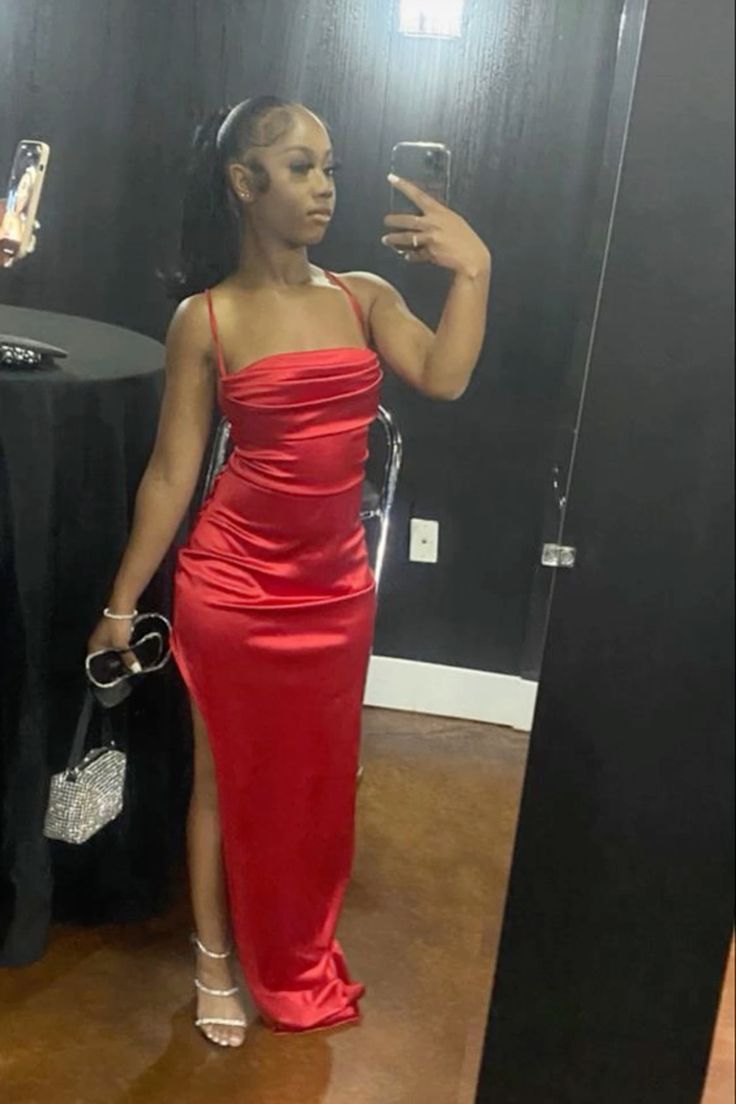 Chic Mermaid Spaghetti Straps Satin Slit Long Prom Dresses Formal Dress C5367