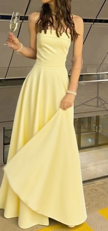 Pretty A Line Strapless Pastel Yellow Satin Long Prom Dresses Formal Dress C5369