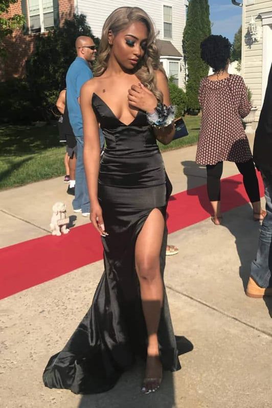 Sexy Sheath Mermaid Strapless V Neck Black Satin Slit Long Prom Dresses Formal Dress C5376