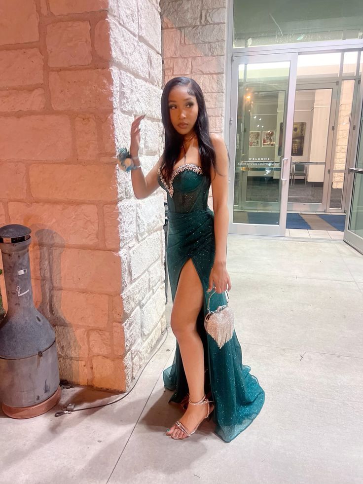Shiny Mermaid Sweetheart Dark Green Satin Tulle Sequin Beads Slit Long Prom Dresses Formal Dress C5379
