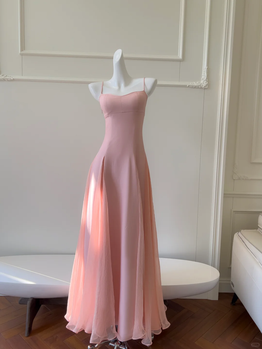 Pretty A Line Spaghetti Straps Satin Chiffon Long Prom Dresses Formal Dress C5380