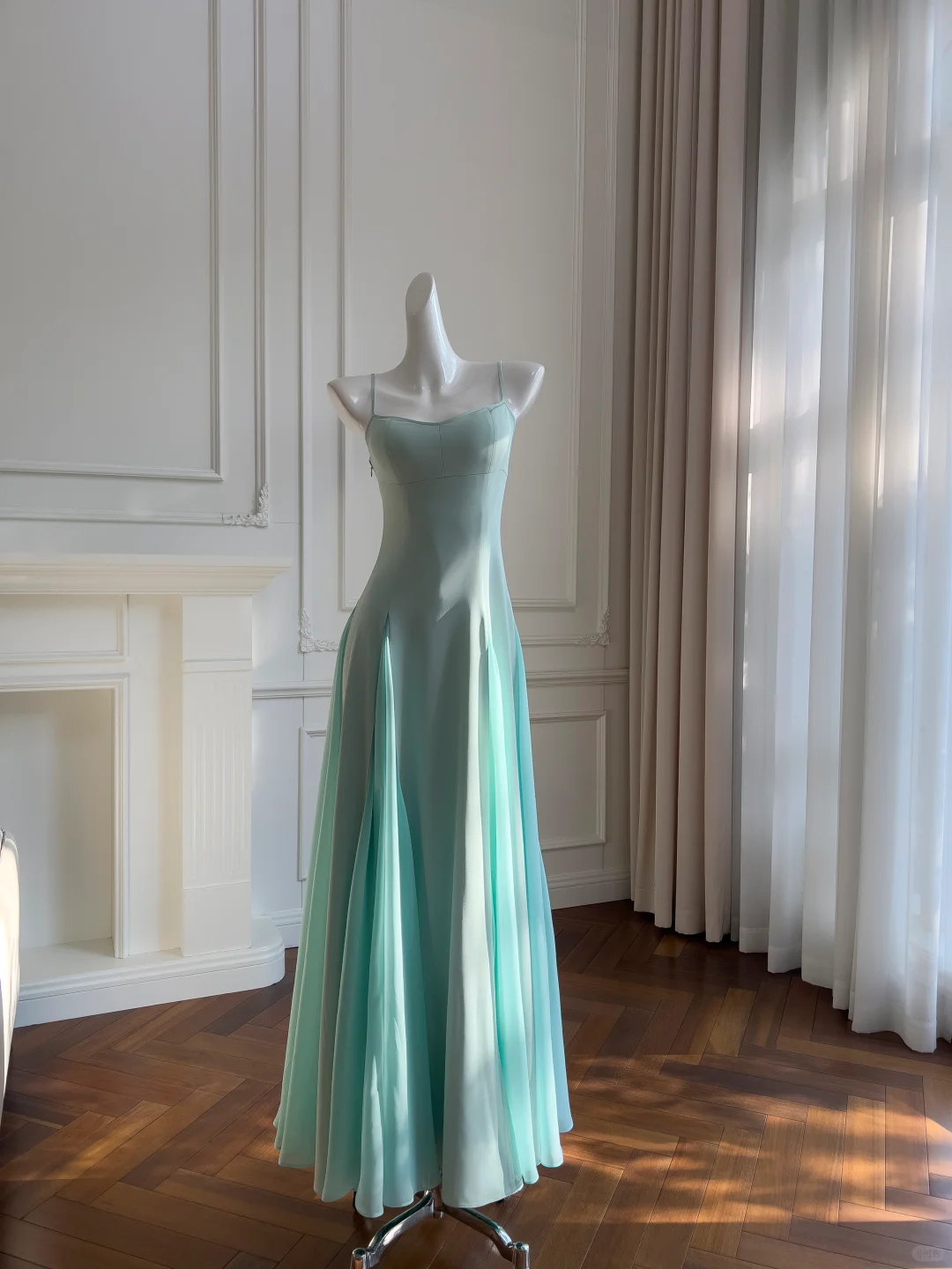 Elegant A Line Spaghetti Straps Satin Chiffon Long Prom Dresses Formal Dress C5381