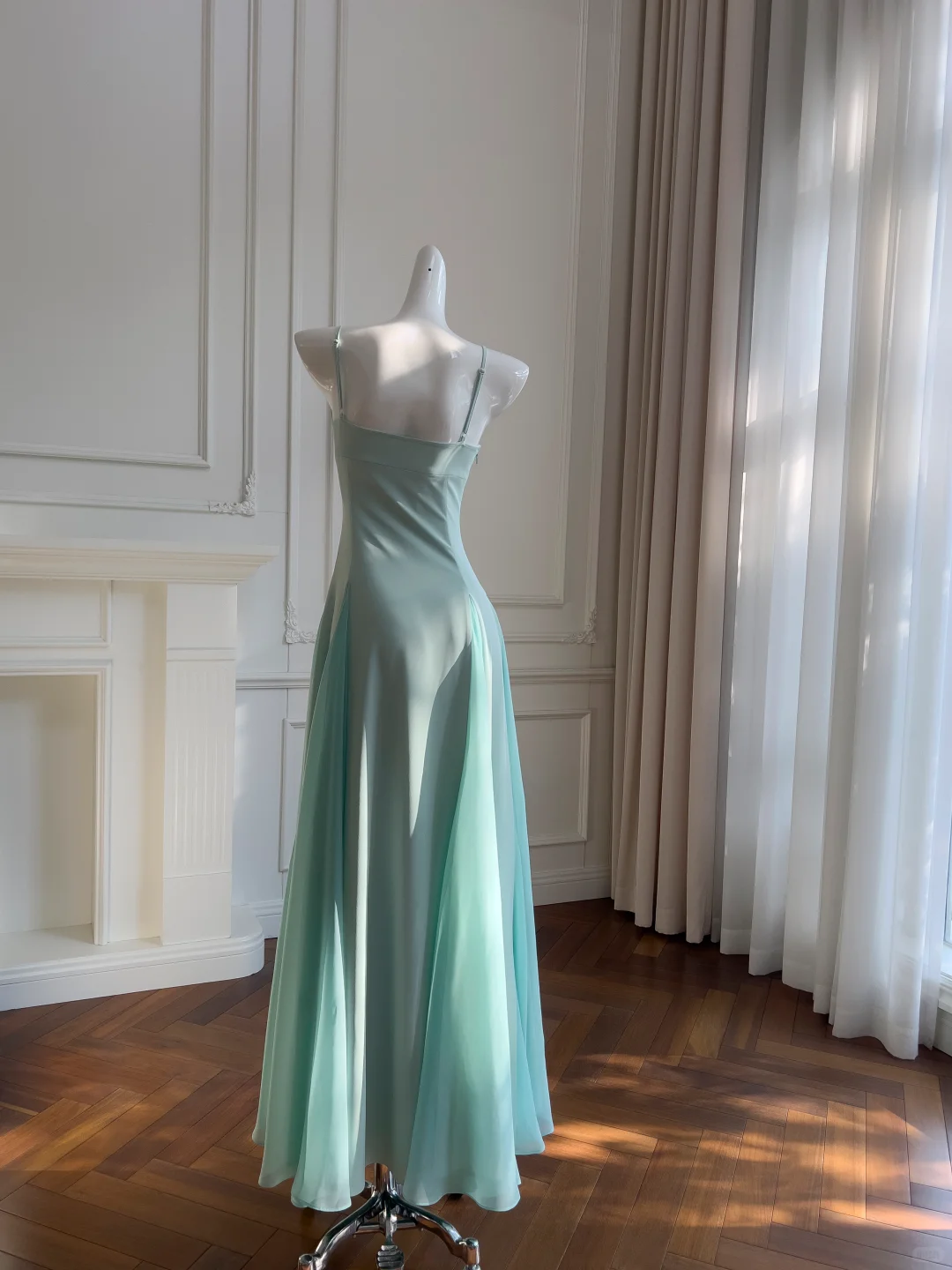 Elegant A Line Spaghetti Straps Satin Chiffon Long Prom Dresses Formal Dress C5381