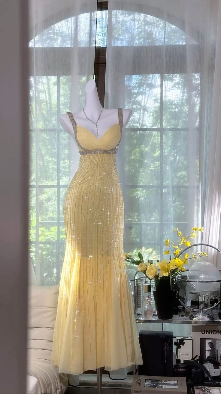 Shiny Mermaid Sweetheart Pastel Yellow Satin Sequin Long Prom Dresses Formal Dress C5383