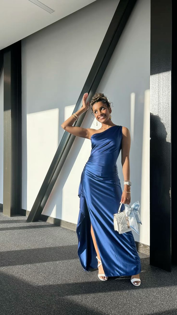 Modest Mermaid One Shoulder Satin Long Prom Dresses Formal Dress C5384